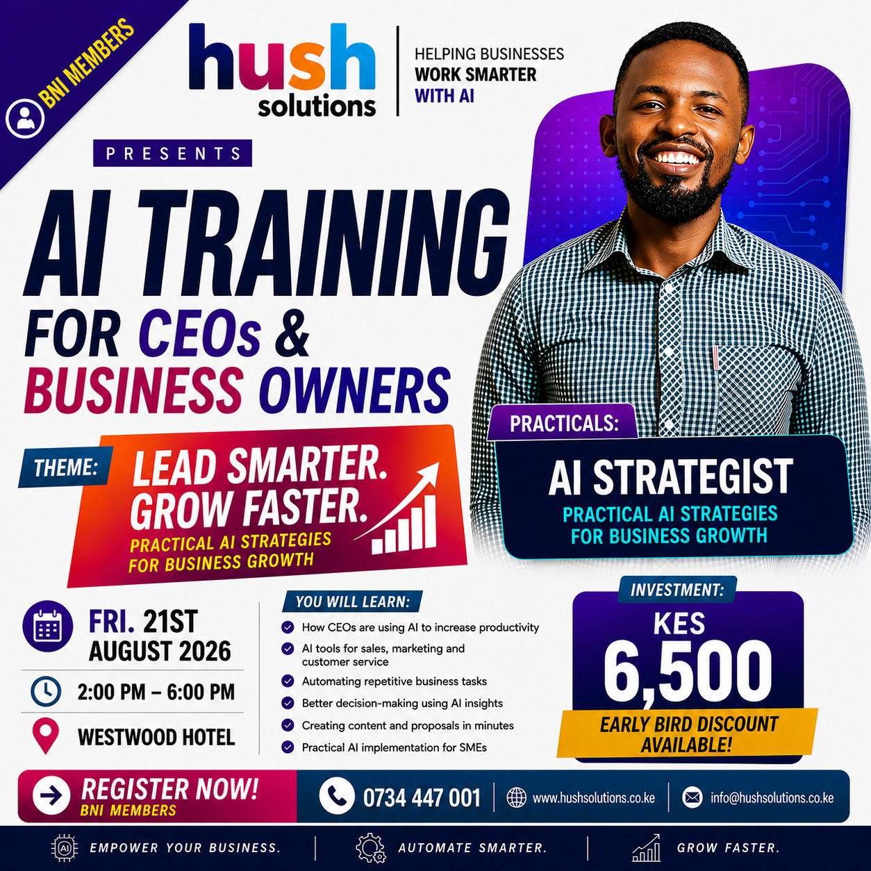 Poster for AI Training for CEOs and Business Owners on Friday 21 August 2026 at Westwood Hotel Nairobi